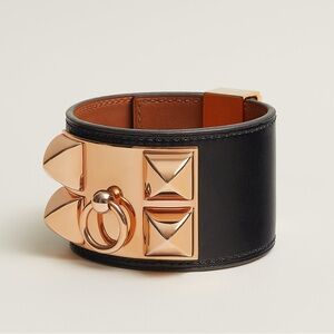 NWOT Hermes Collier de Chien Bracelet Black and Rose Gold Leather Bracelet